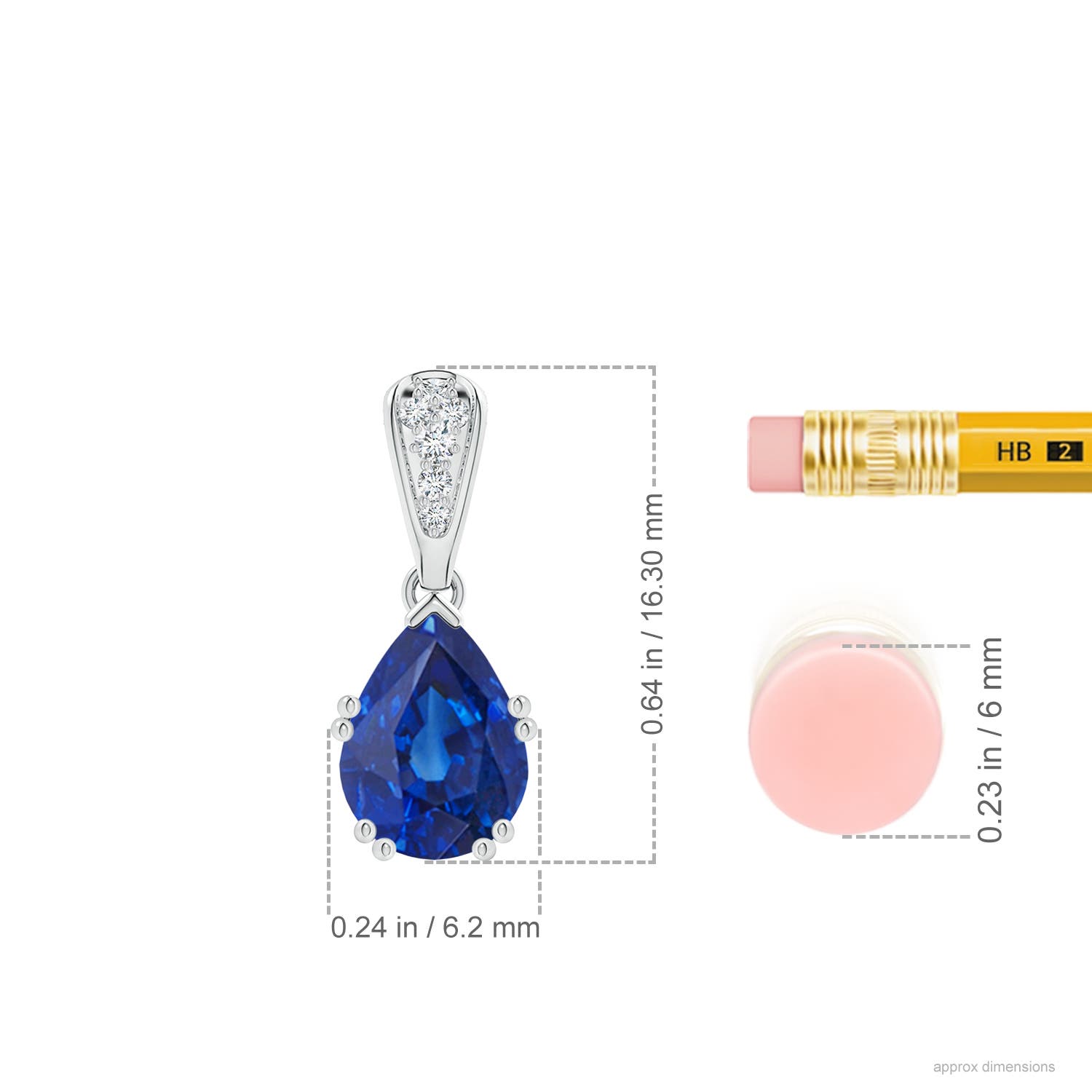8x6mm AAA Vintage Style Pear Sapphire Drop Pendant with Diamonds in White Gold - ruler