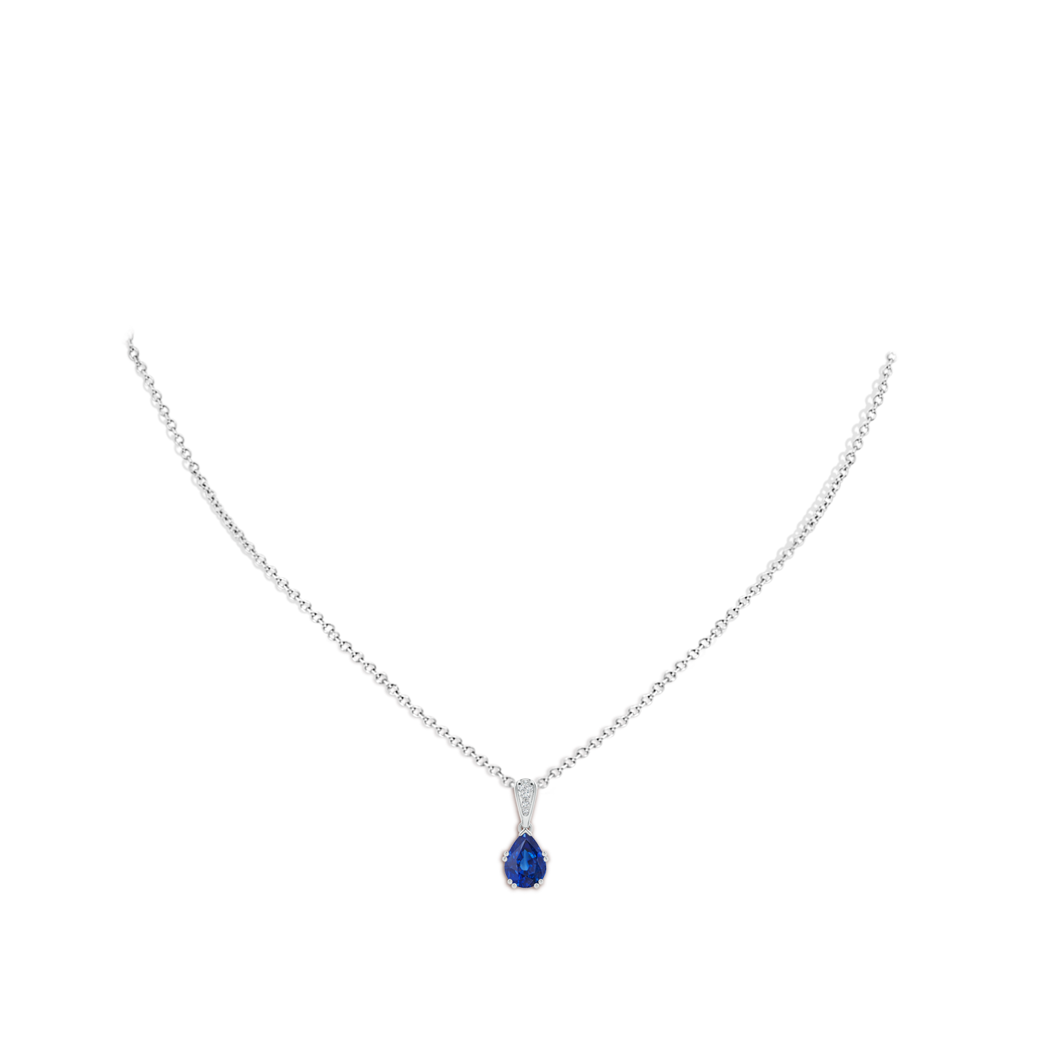 8x6mm AAA Vintage Style Pear Sapphire Drop Pendant with Diamonds in White Gold - body_neck