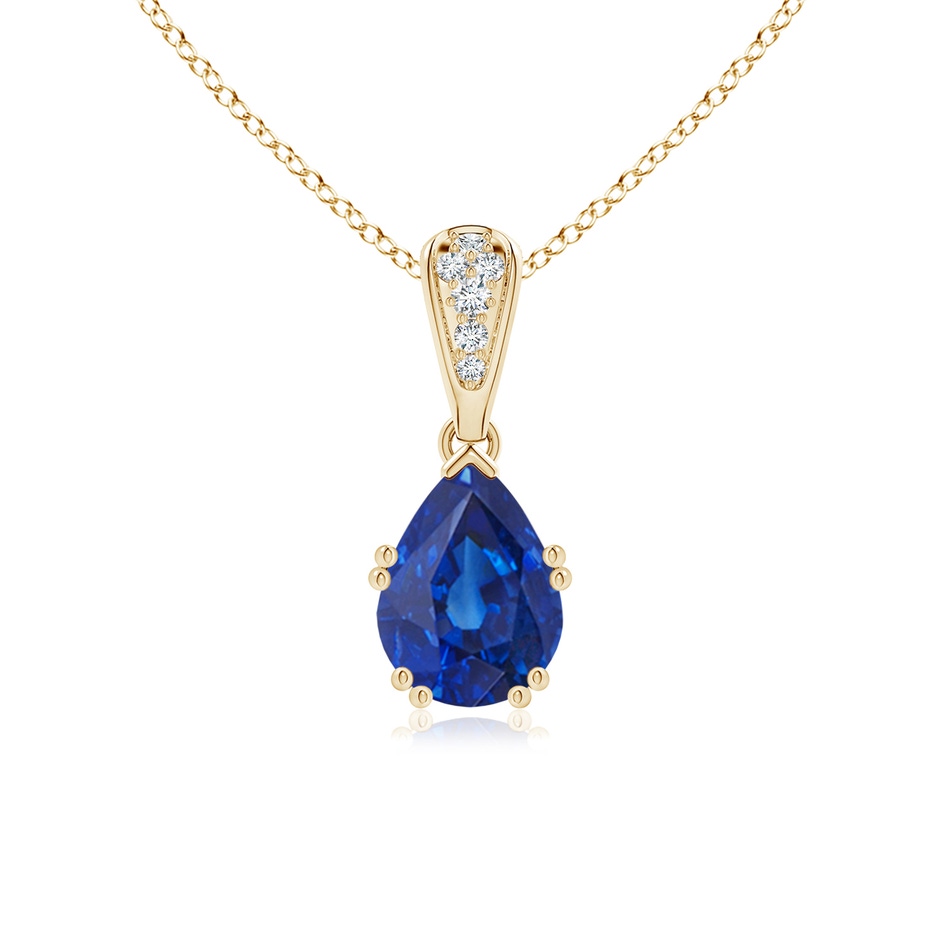8x6mm AAA Vintage Style Pear Sapphire Drop Pendant with Diamonds in Yellow Gold 
