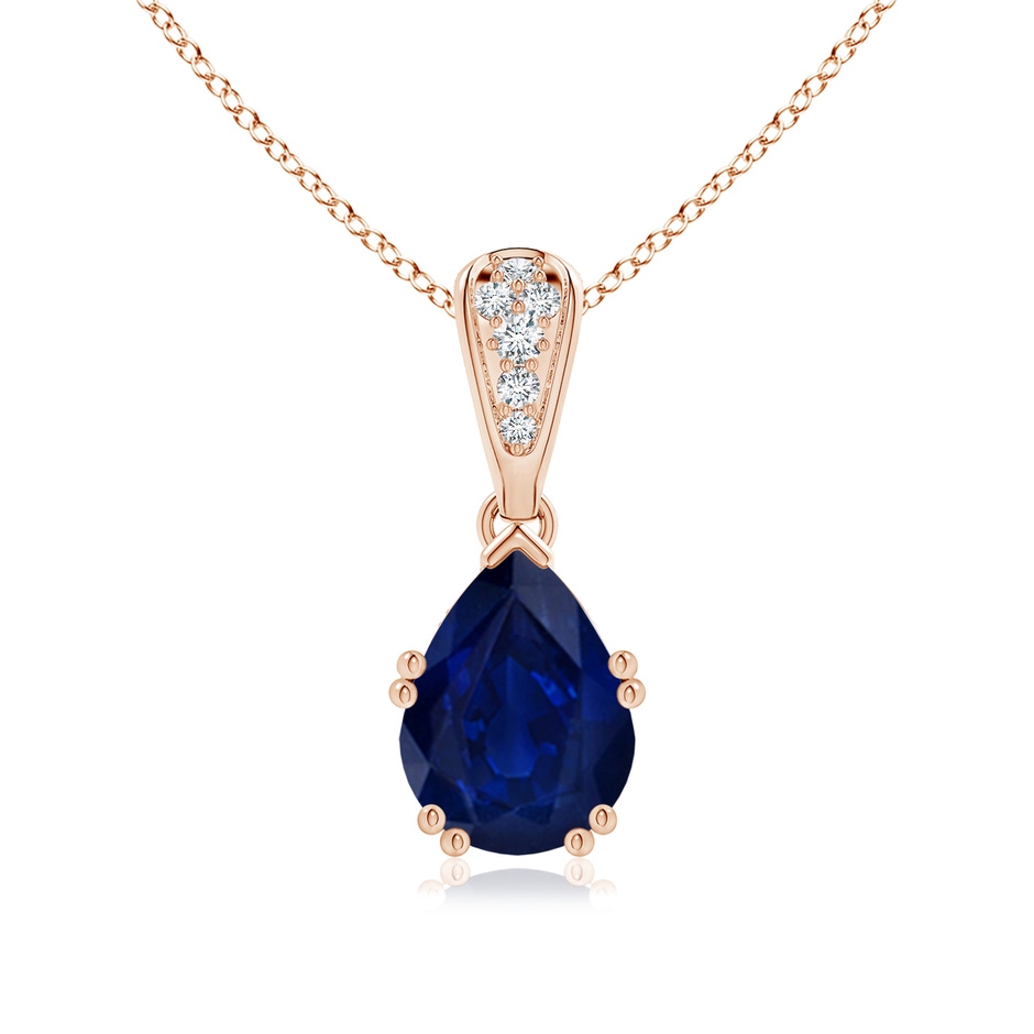 9x7mm AA Vintage Style Pear Sapphire Drop Pendant with Diamonds in Rose Gold 