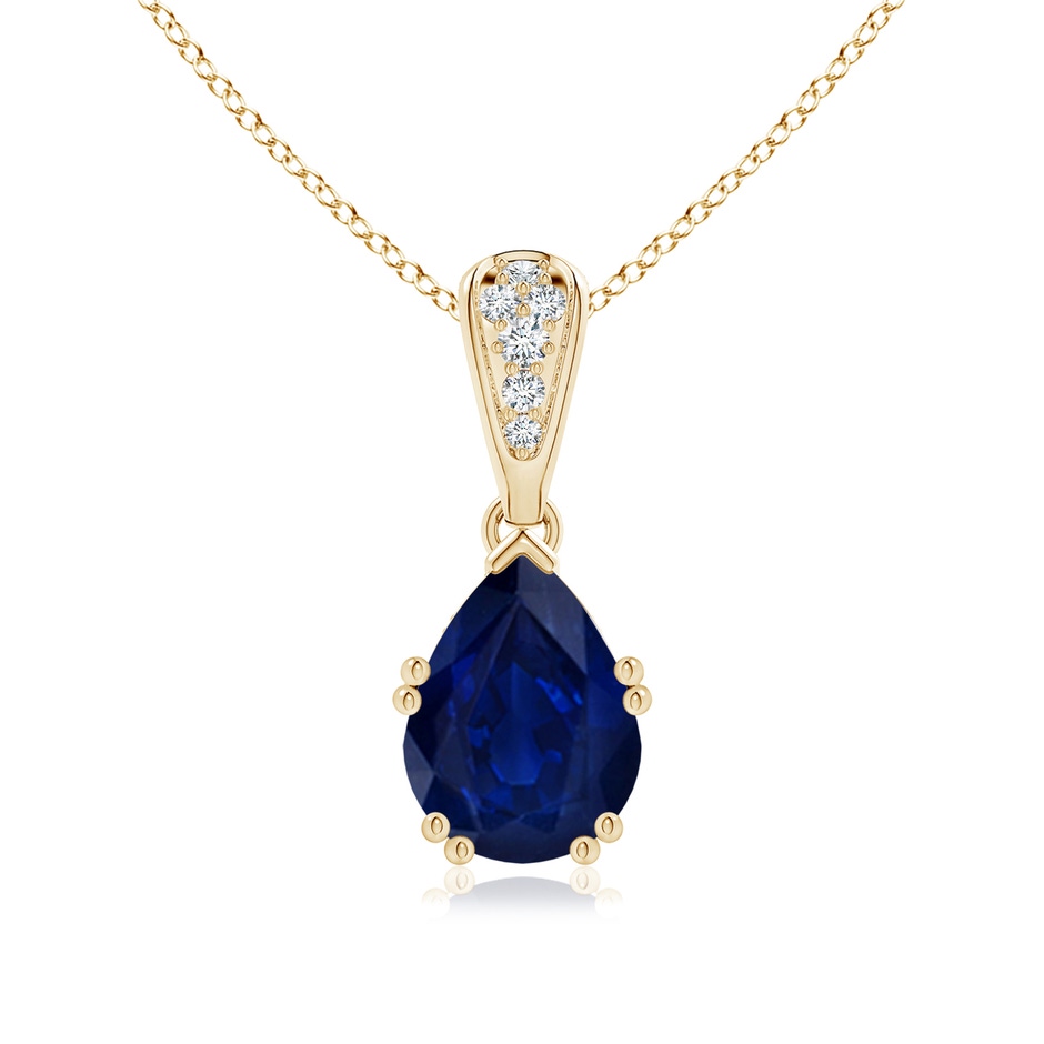 9x7mm AA Vintage Style Pear Sapphire Drop Pendant with Diamonds in Yellow Gold 