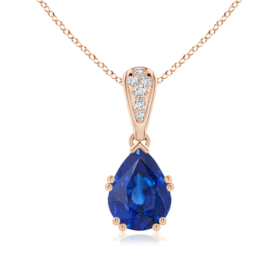 9x7mm AAA Vintage Style Pear Sapphire Drop Pendant with Diamonds in Rose Gold 