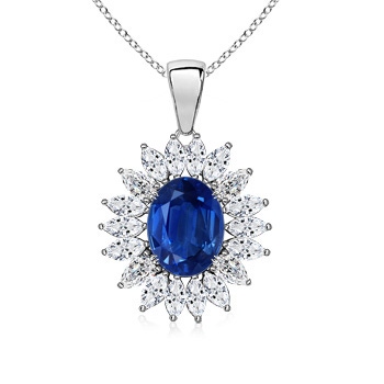 8x6mm AAA Oval Sapphire Halo Pendant with Diamond Clustre in White Gold