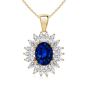8x6mm AAAA Oval Sapphire Halo Pendant with Diamond Clustre in Yellow Gold