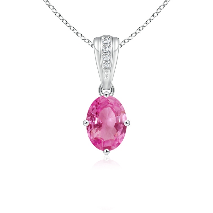 7x5mm AAA Oval Pink Sapphire Solitaire Pendant with Diamonds in White Gold
