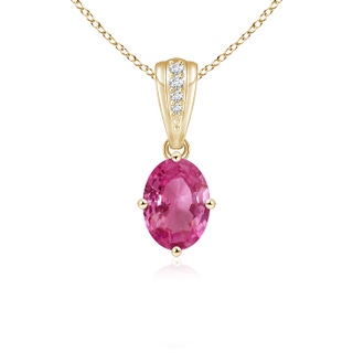 7x5mm AAAA Oval Pink Sapphire Solitaire Pendant with Diamonds in Yellow Gold