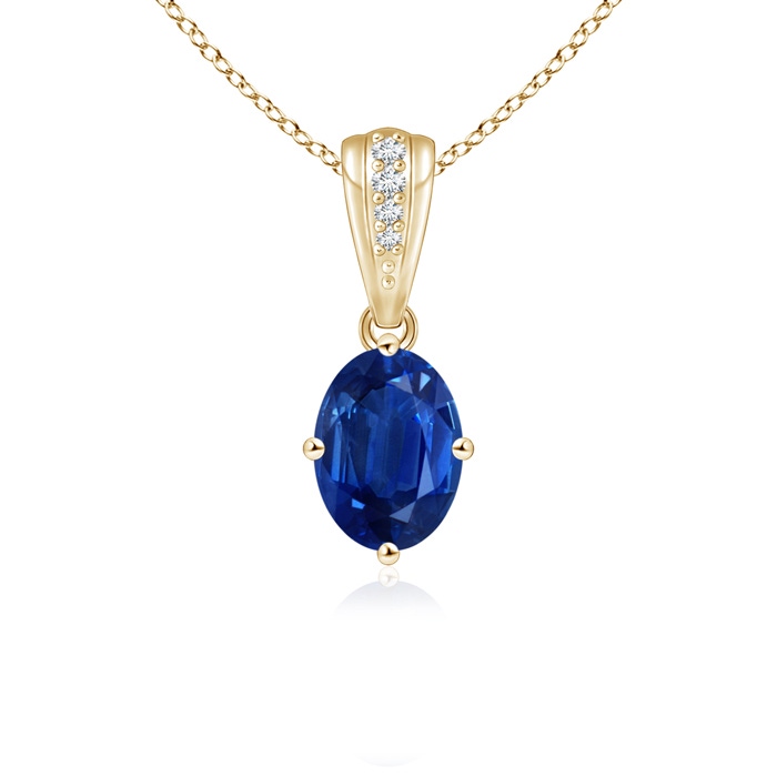 7x5mm AAA Oval Blue Sapphire Solitaire Pendant with Diamonds in Yellow Gold 