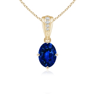 7x5mm AAAA Oval Blue Sapphire Solitaire Pendant with Diamonds in 9K Yellow Gold