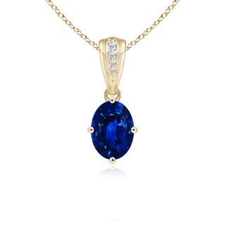 7x5mm AAAA Oval Blue Sapphire Solitaire Pendant with Diamonds in Yellow Gold