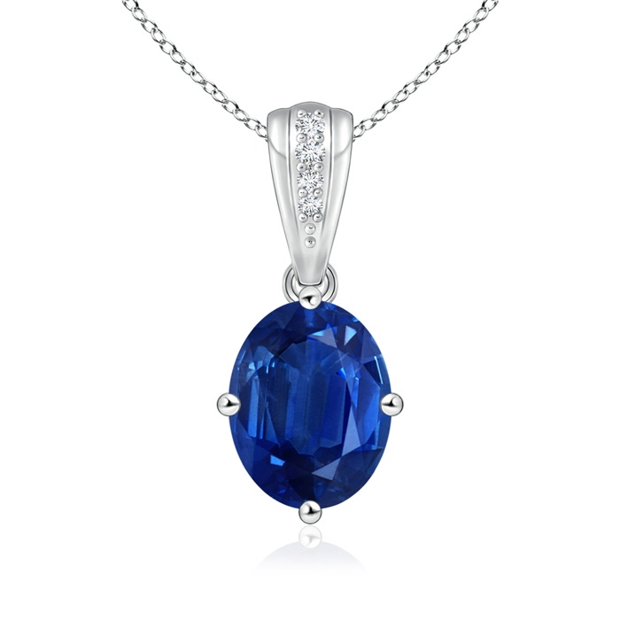 9x7mm AAA Oval Blue Sapphire Solitaire Pendant with Diamonds in White Gold 