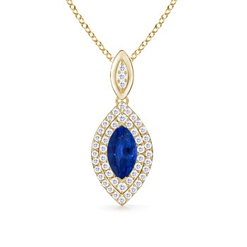 10x5mm AAAA Marquise Sapphire Pendant with Diamond Double Halo in Yellow Gold