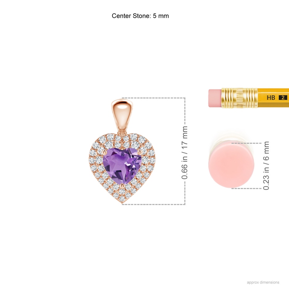 5mm A Amethyst Heart Pendant with Diamond Double Halo in Rose Gold ruler
