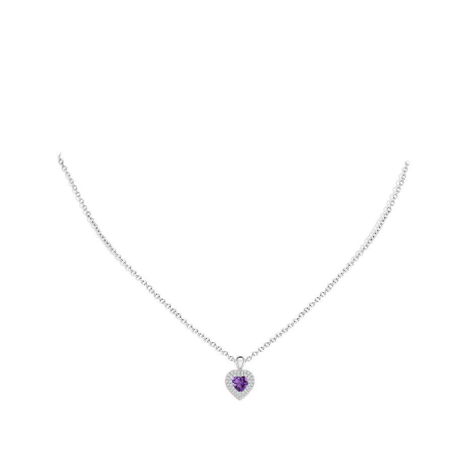 5mm AAA Amethyst Heart Pendant with Diamond Double Halo in White Gold body-neck