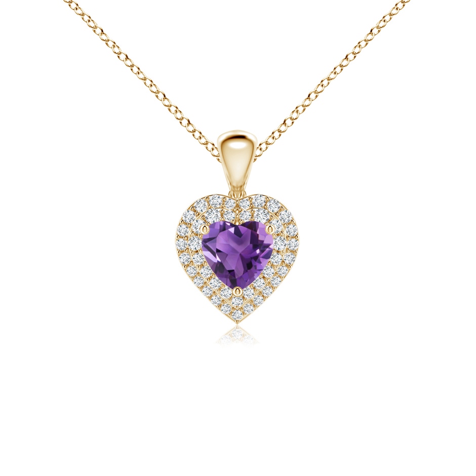 5mm AAA Amethyst Heart Pendant with Diamond Double Halo in Yellow Gold 