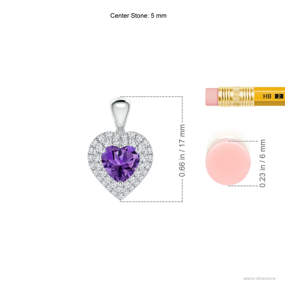 5mm AAAA Amethyst Heart Pendant with Diamond Double Halo in White Gold ruler