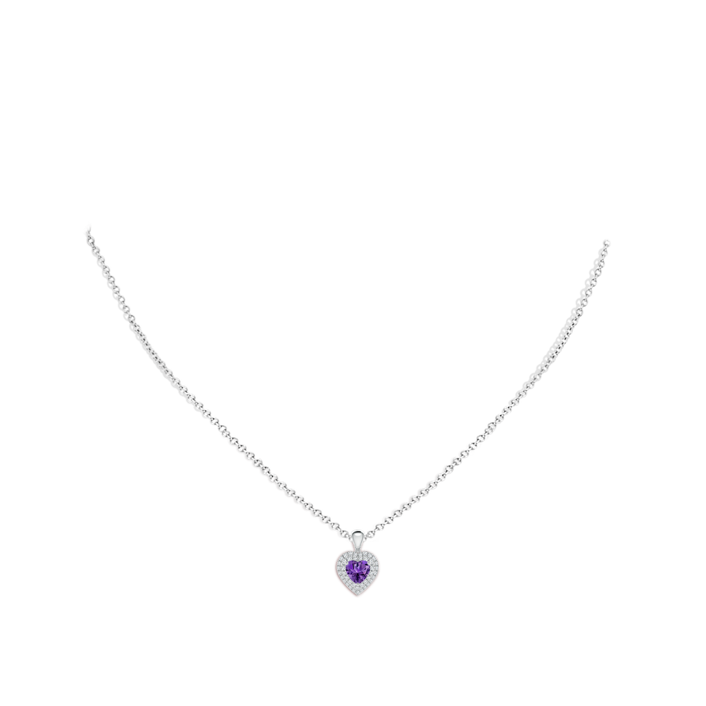 5mm AAAA Amethyst Heart Pendant with Diamond Double Halo in White Gold Body-Neck