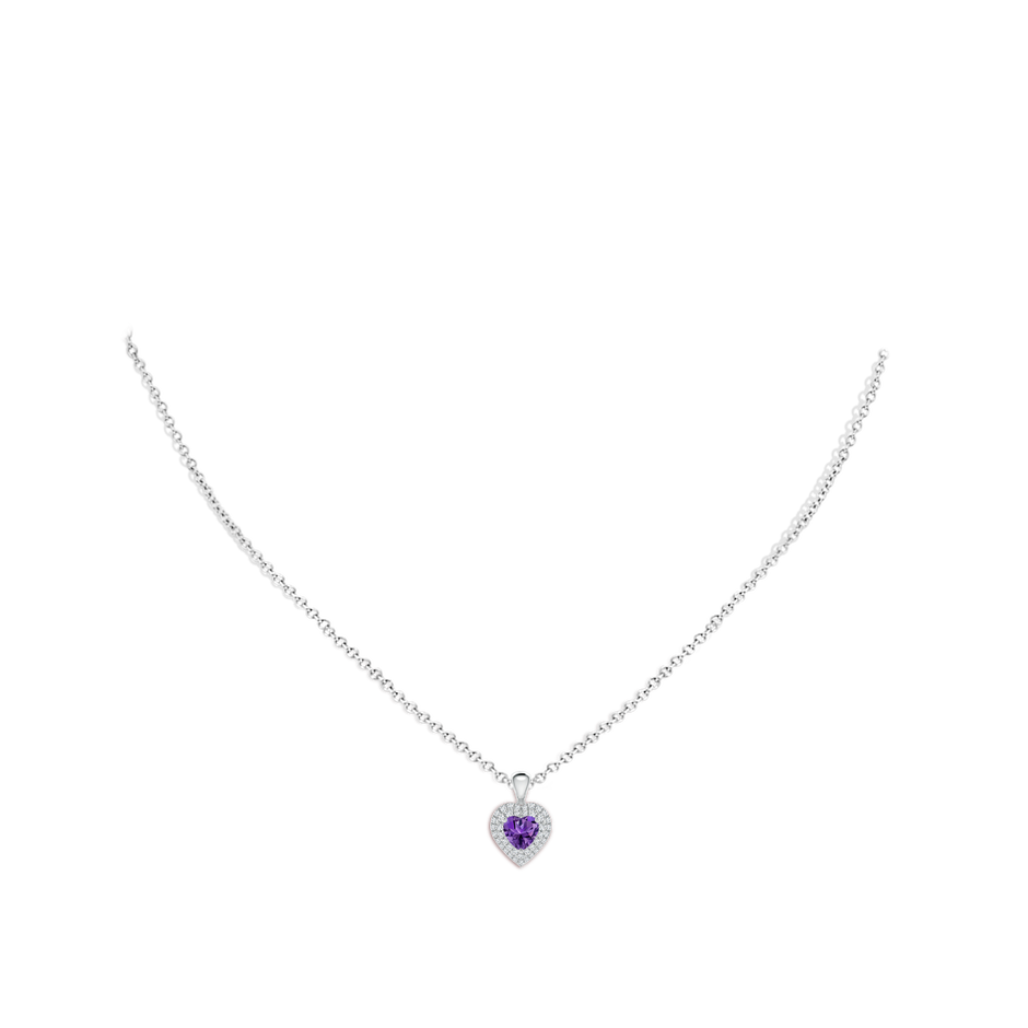 5mm AAAA Amethyst Heart Pendant with Diamond Double Halo in White Gold body-neck