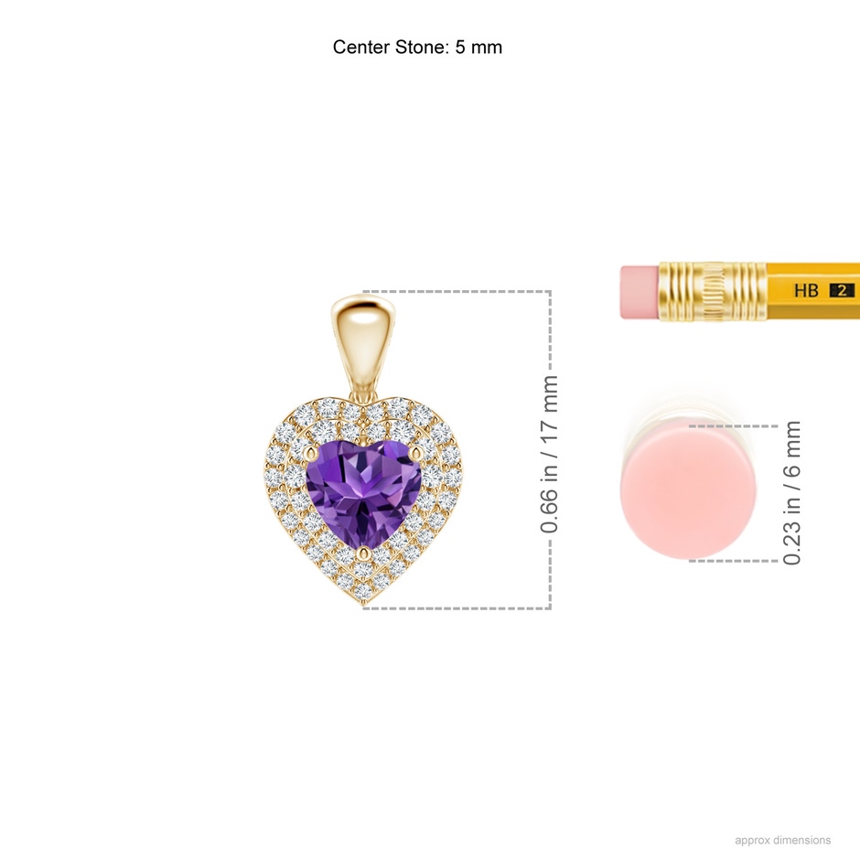 5mm AAAA Amethyst Heart Pendant with Diamond Double Halo in Yellow Gold ruler