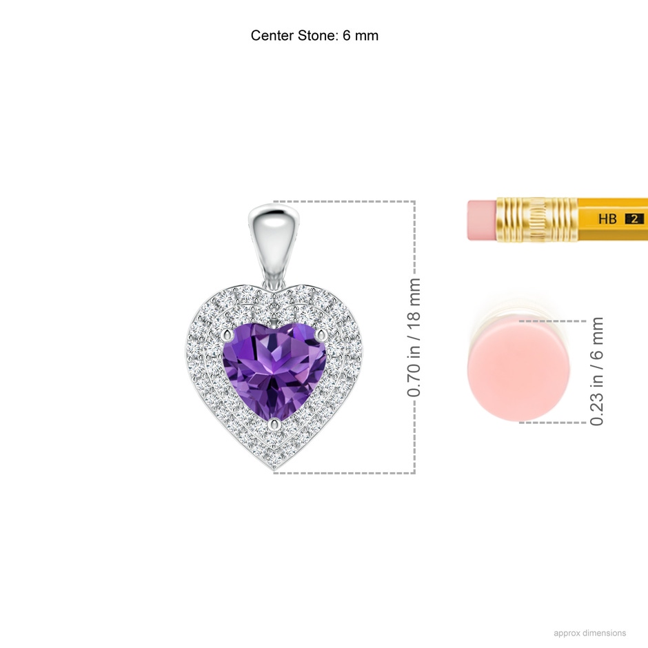 6mm AAAA Amethyst Heart Pendant with Diamond Double Halo in White Gold ruler