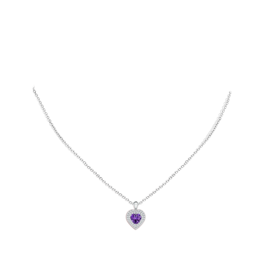 6mm AAAA Amethyst Heart Pendant with Diamond Double Halo in White Gold body-neck