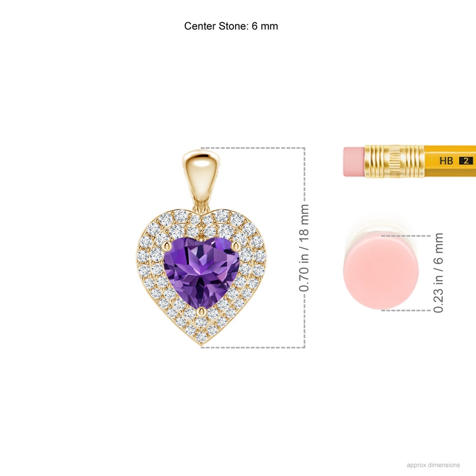 6mm AAAA Amethyst Heart Pendant with Diamond Double Halo in Yellow Gold ruler