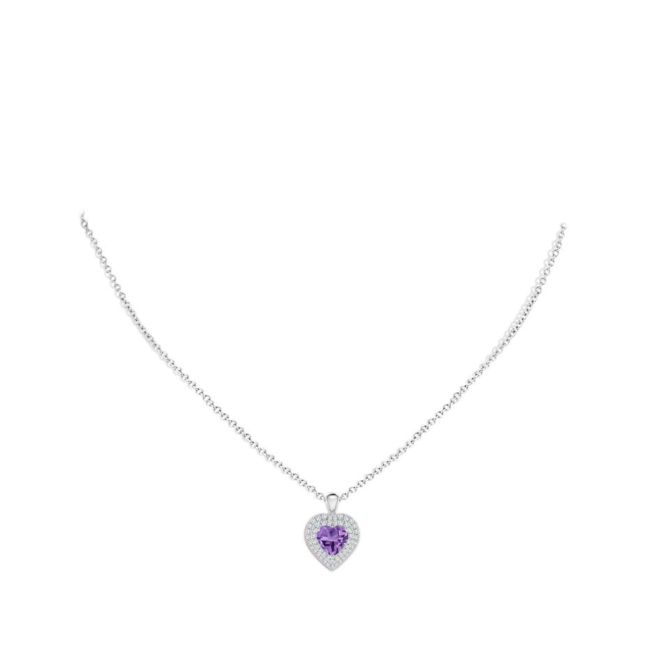 7mm AA Amethyst Heart Pendant with Diamond Double Halo in White Gold body-neck