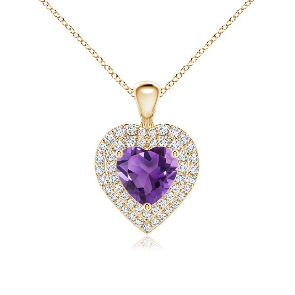 7mm AAA Amethyst Heart Pendant with Diamond Double Halo in Yellow Gold 