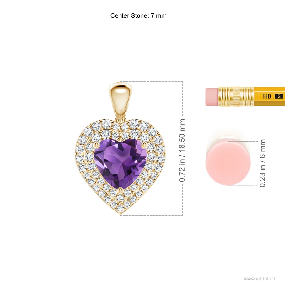 7mm AAA Amethyst Heart Pendant with Diamond Double Halo in Yellow Gold ruler