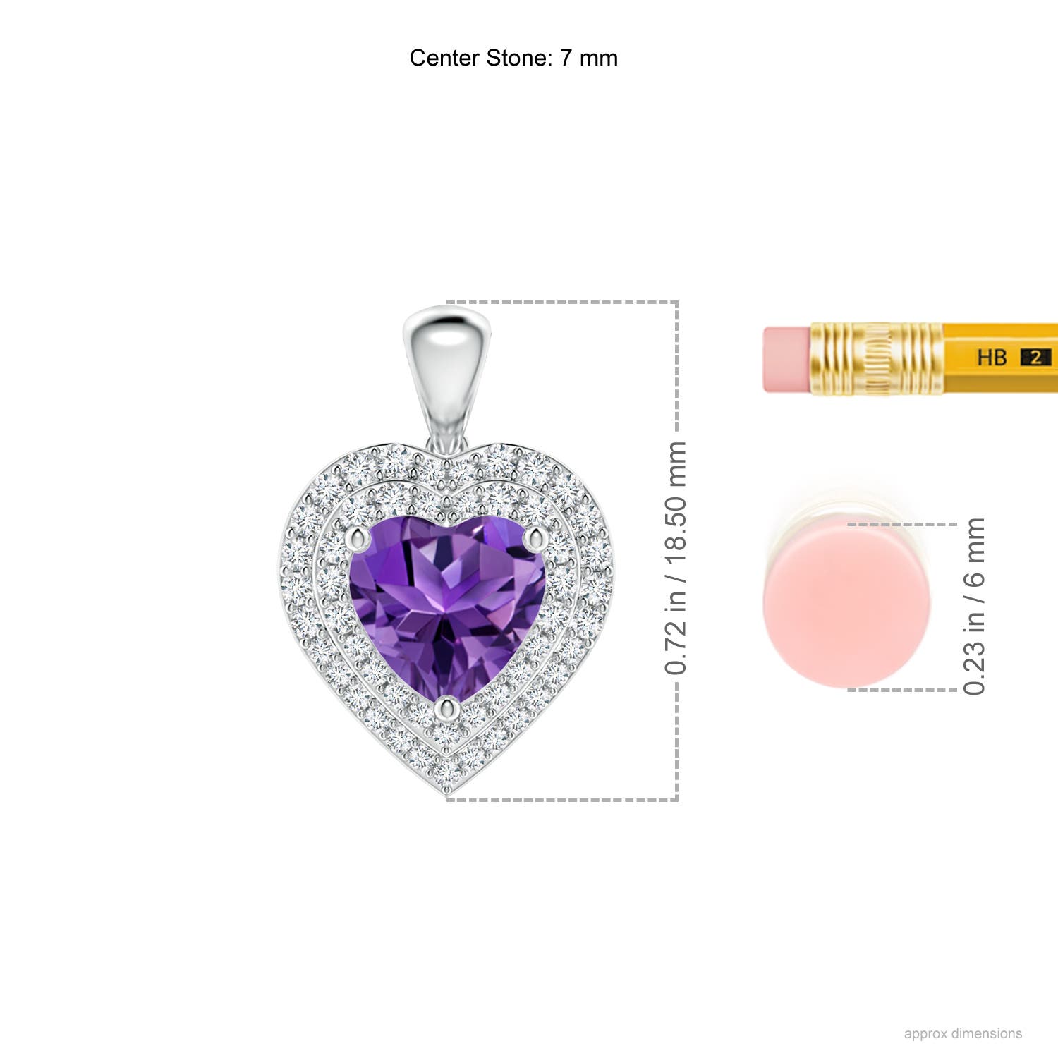 7mm AAAA Amethyst Heart Pendant with Diamond Double Halo in P950 Platinum - ruler