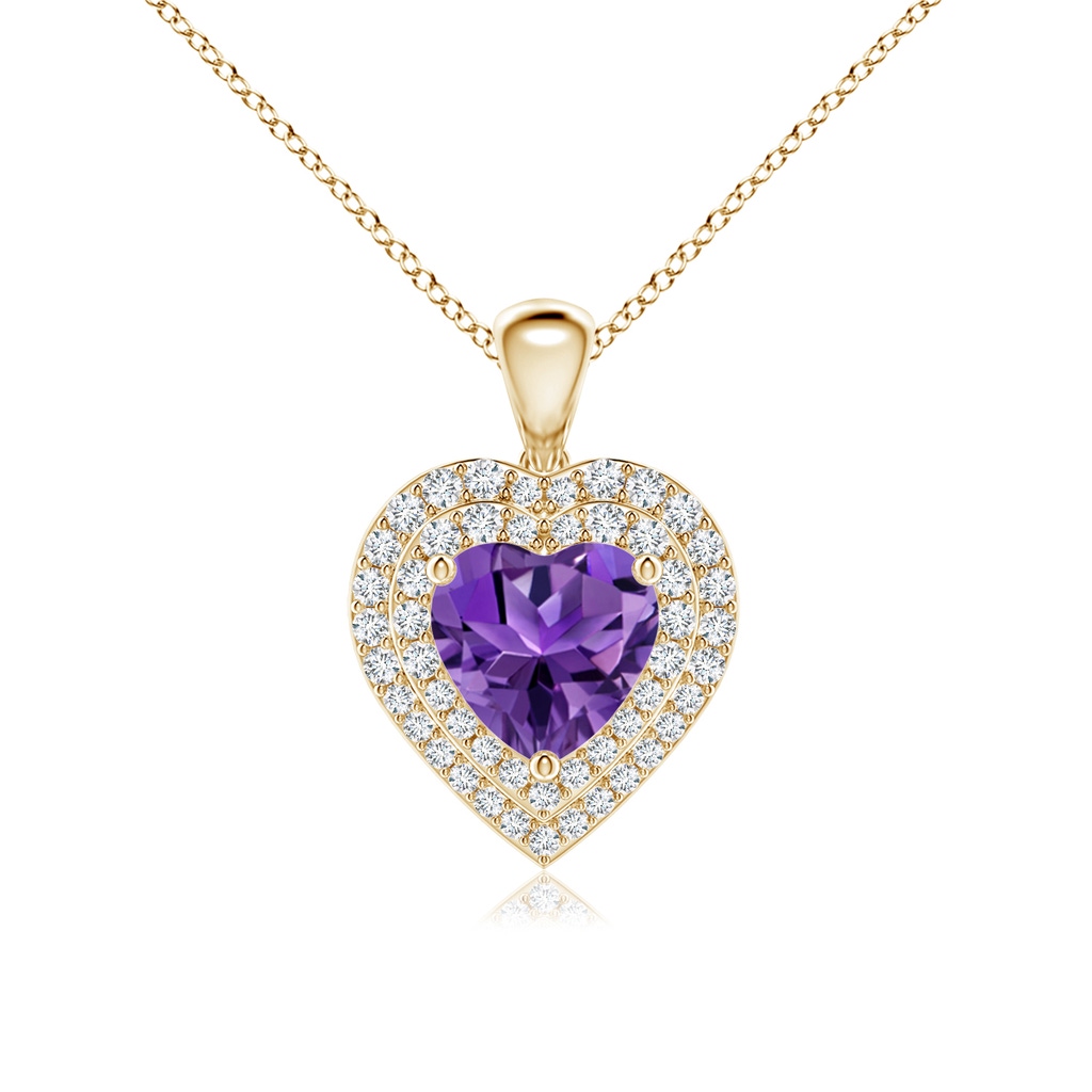 7mm AAAA Amethyst Heart Pendant with Diamond Double Halo in Yellow Gold