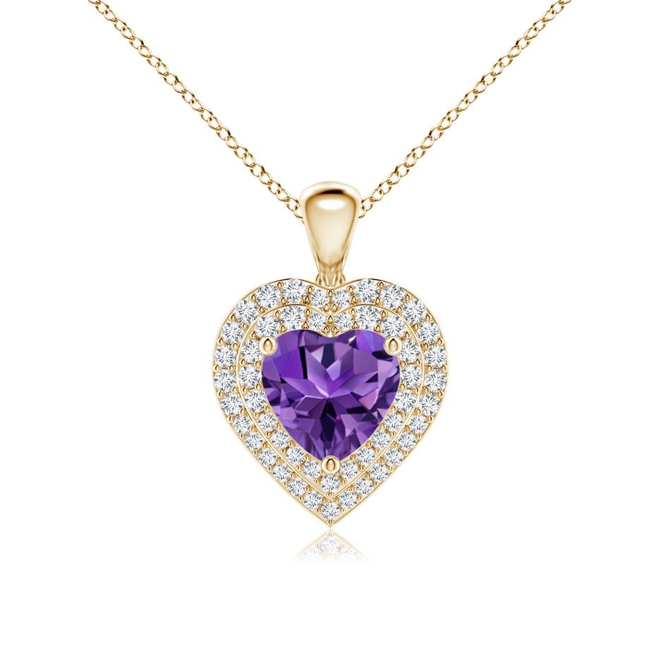 7mm AAAA Amethyst Heart Pendant with Diamond Double Halo in Yellow Gold 