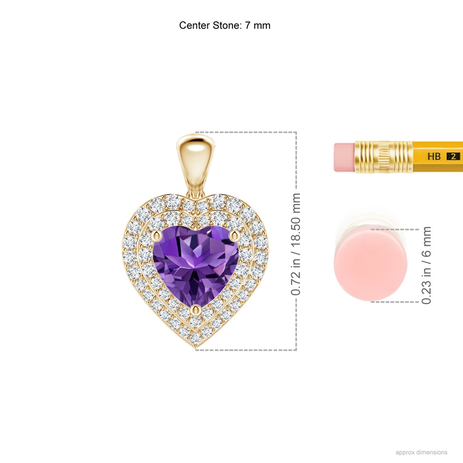 7mm AAAA Amethyst Heart Pendant with Diamond Double Halo in Yellow Gold ruler