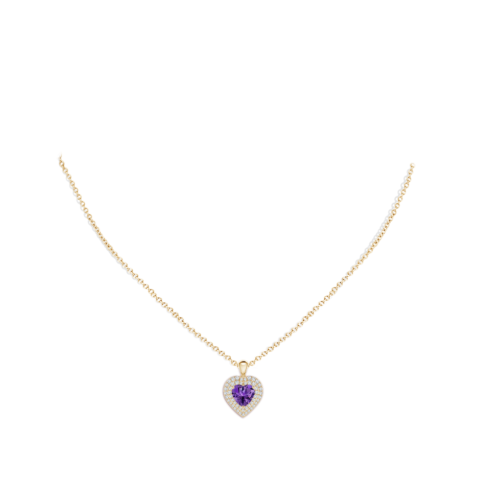 7mm AAAA Amethyst Heart Pendant with Diamond Double Halo in Yellow Gold body-neck