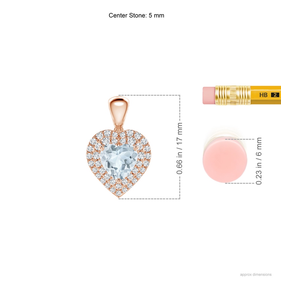 5mm A Aquamarine Heart Pendant with Diamond Double Halo in Rose Gold ruler