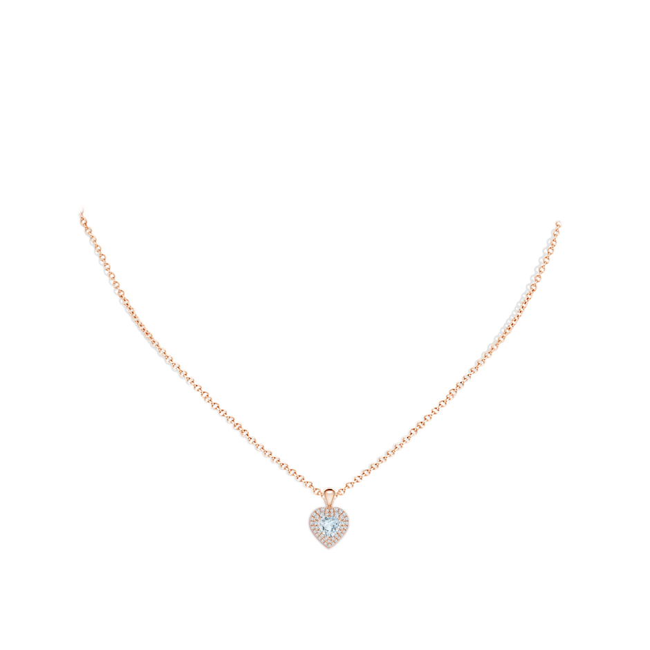 5mm A Aquamarine Heart Pendant with Diamond Double Halo in Rose Gold body-neck