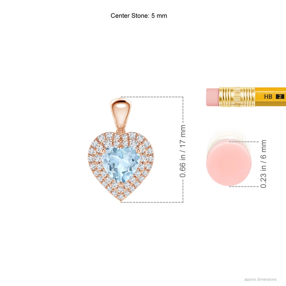 5mm AA Aquamarine Heart Pendant with Diamond Double Halo in Rose Gold ruler