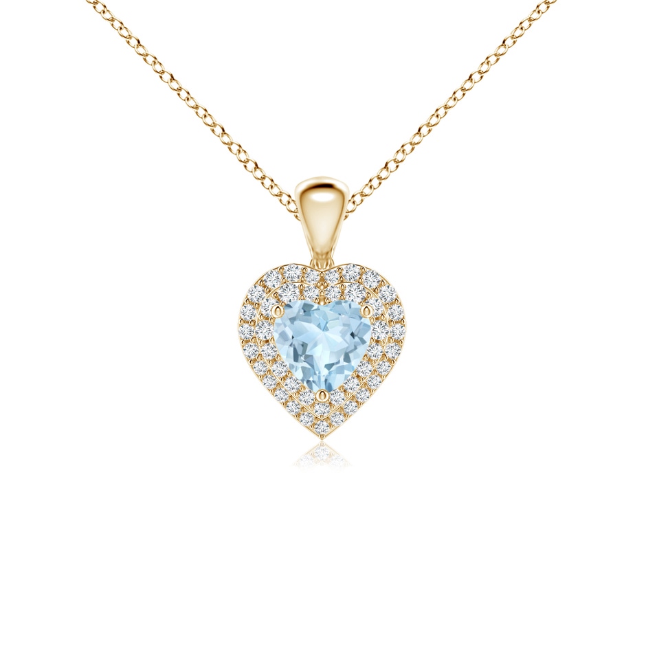 5mm AA Aquamarine Heart Pendant with Diamond Double Halo in Yellow Gold 