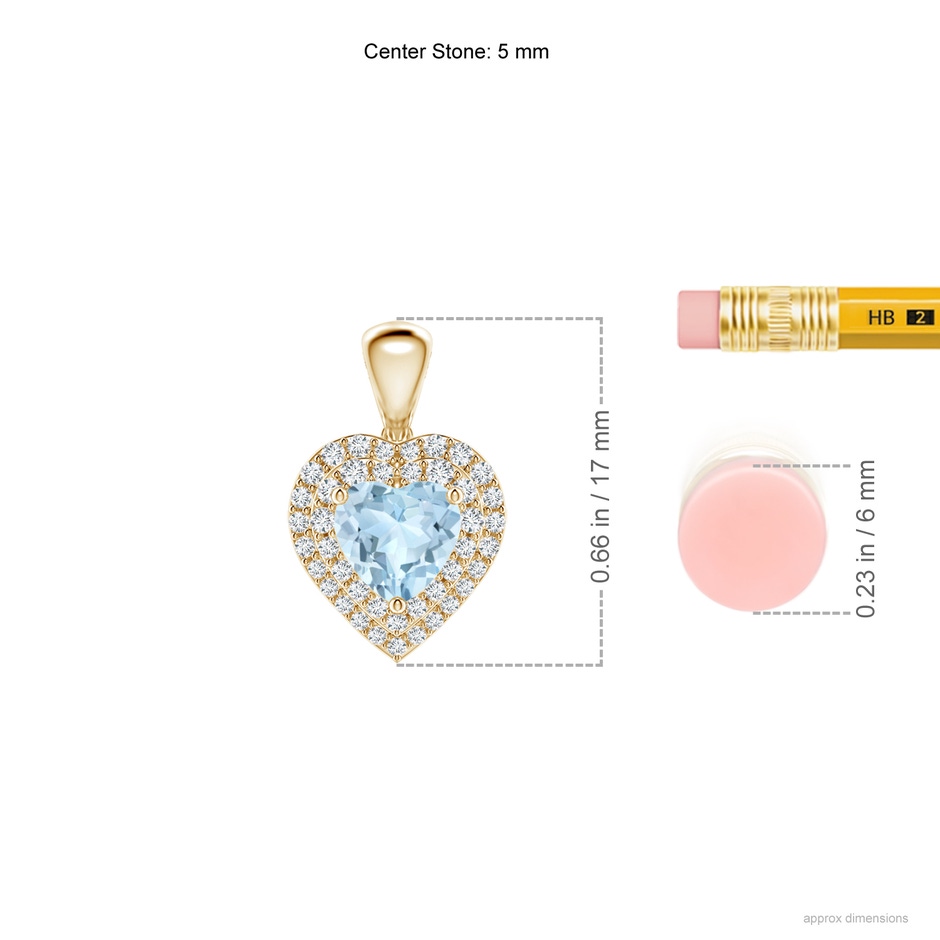 5mm AA Aquamarine Heart Pendant with Diamond Double Halo in Yellow Gold ruler