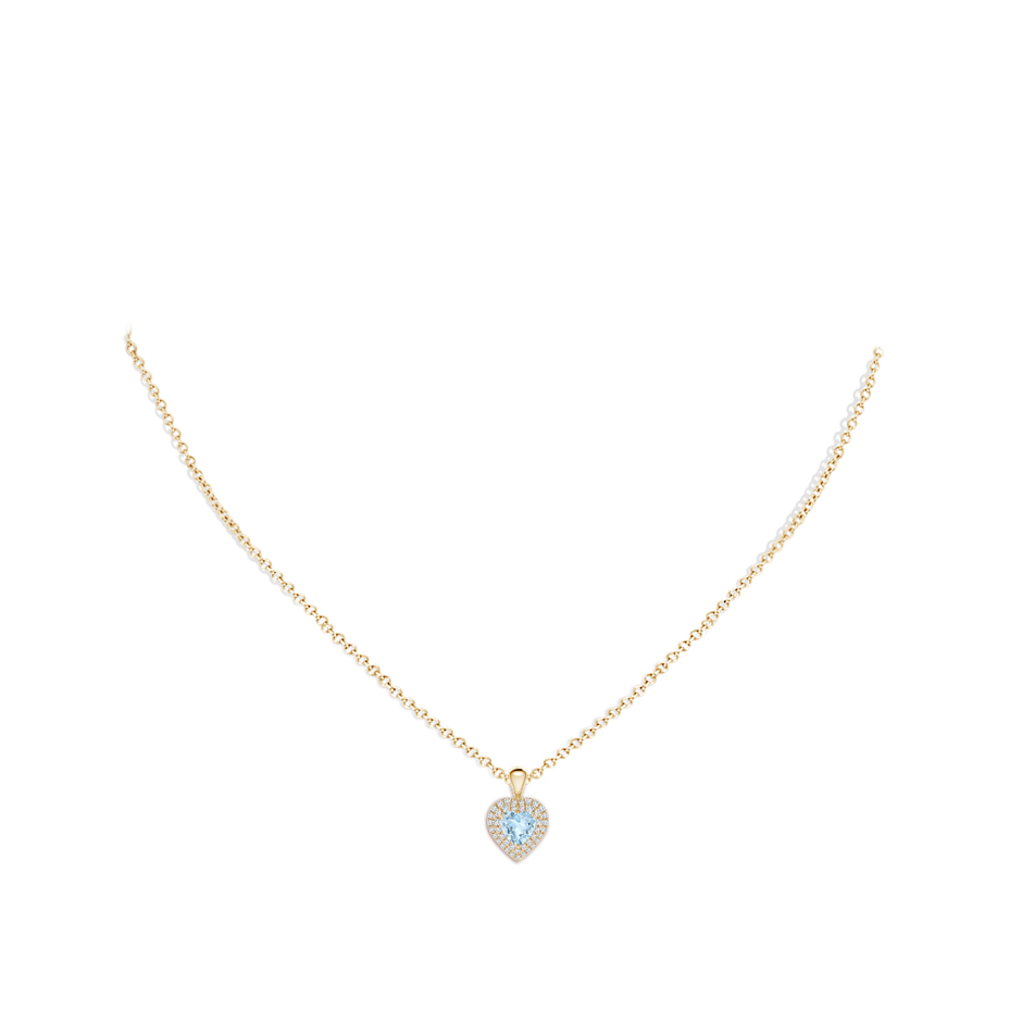 5mm AA Aquamarine Heart Pendant with Diamond Double Halo in Yellow Gold body-neck