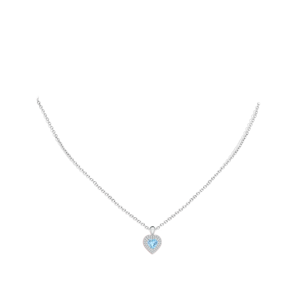 5mm AAA Aquamarine Heart Pendant with Diamond Double Halo in White Gold Body-Neck