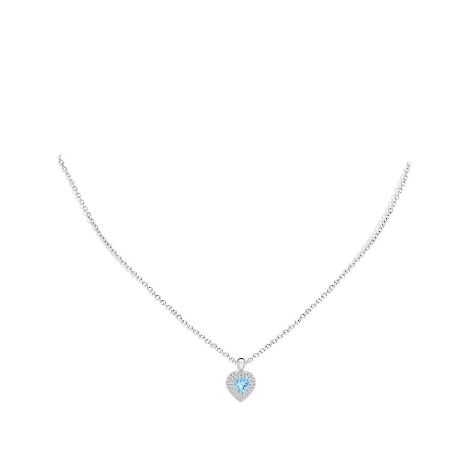 5mm AAA Aquamarine Heart Pendant with Diamond Double Halo in White Gold body-neck