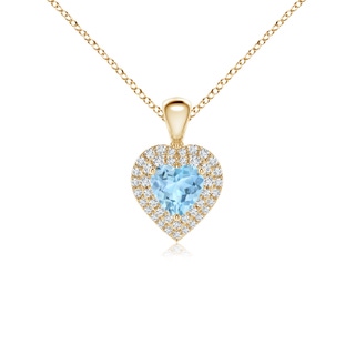 5mm AAA Aquamarine Heart Pendant with Diamond Double Halo in Yellow Gold