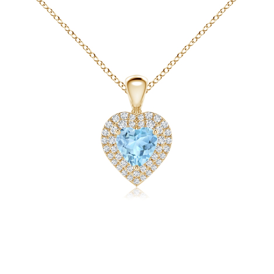 5mm AAA Aquamarine Heart Pendant with Diamond Double Halo in Yellow Gold 