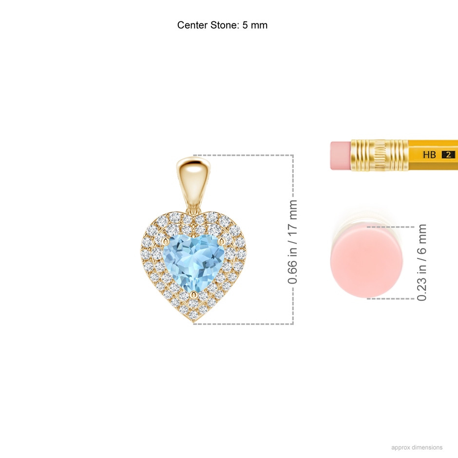 5mm AAA Aquamarine Heart Pendant with Diamond Double Halo in Yellow Gold ruler