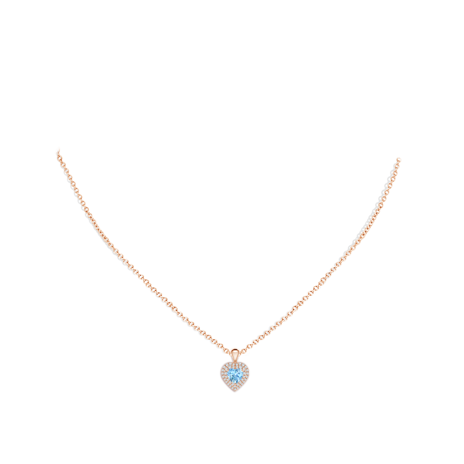 5mm AAAA Aquamarine Heart Pendant with Diamond Double Halo in Rose Gold body-neck