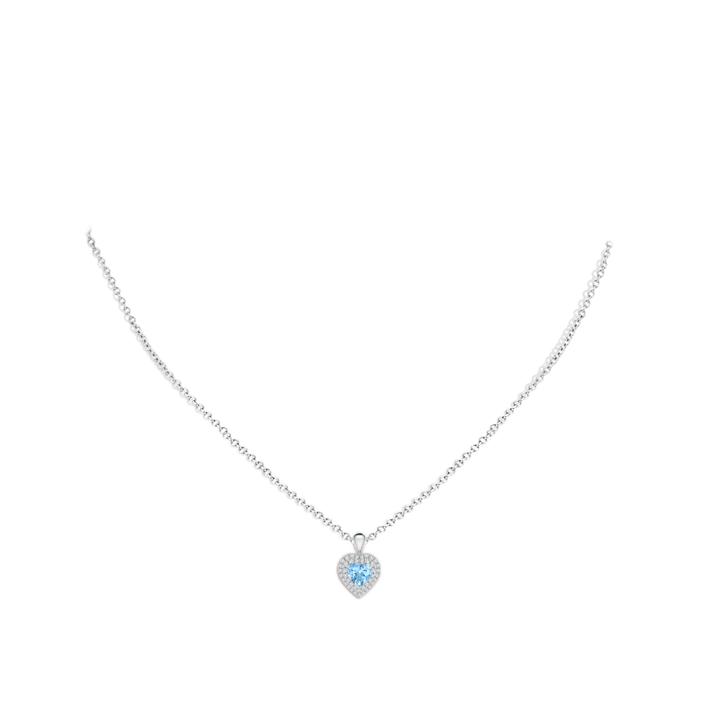 5mm AAAA Aquamarine Heart Pendant with Diamond Double Halo in White Gold Body-Neck