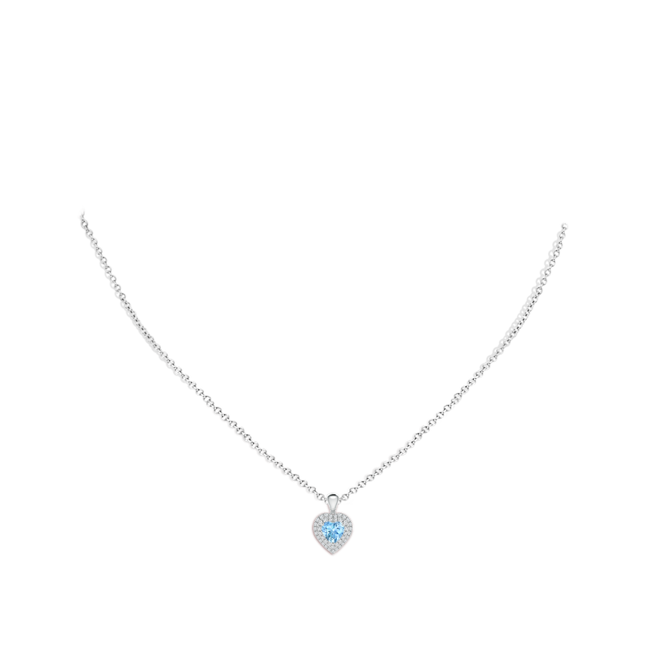 5mm AAAA Aquamarine Heart Pendant with Diamond Double Halo in White Gold body-neck