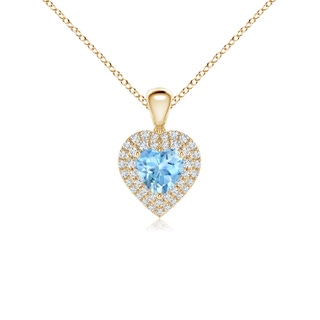 5mm AAAA Aquamarine Heart Pendant with Diamond Double Halo in Yellow Gold