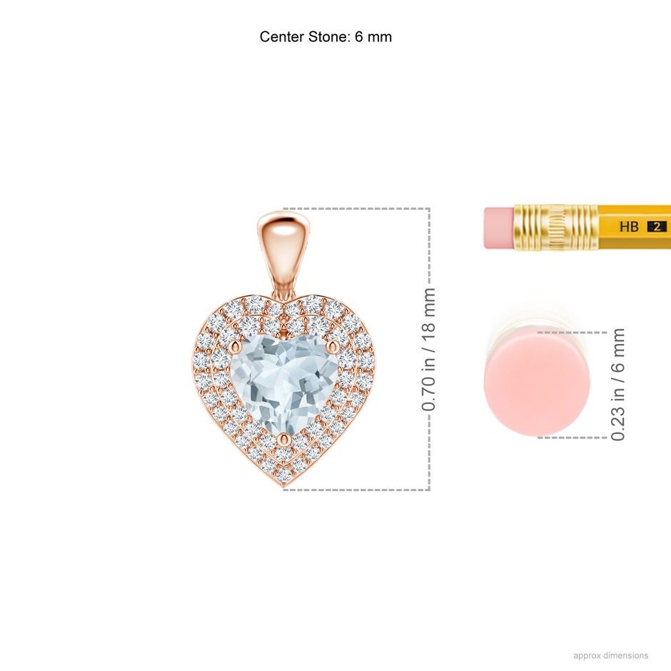 6mm A Aquamarine Heart Pendant with Diamond Double Halo in Rose Gold ruler