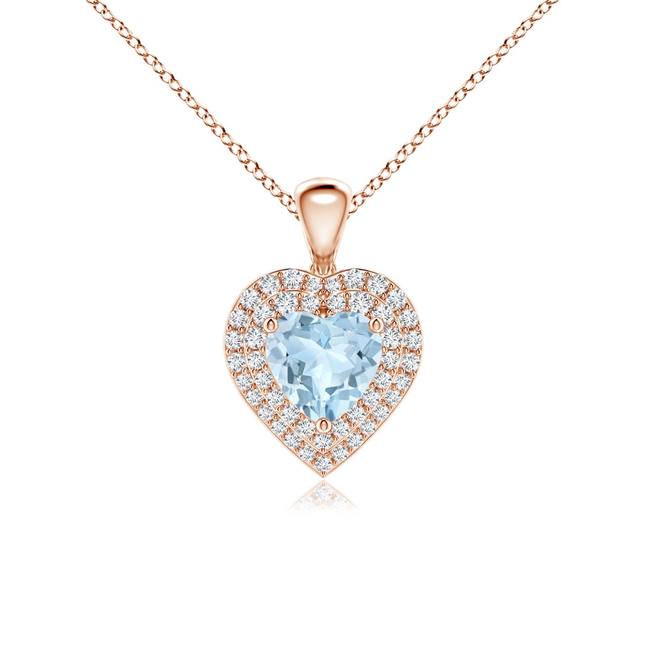 6mm AA Aquamarine Heart Pendant with Diamond Double Halo in Rose Gold 